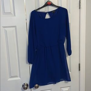 Blue 3/4 length sleeve dress with sheer overlay